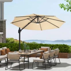 Large Cantilever Patio Umbrella, 10' X 10' Heavy Duty Large Aluminum Outdoor Umbrella With Solar LED Lights & Weighted Base, 360° Rotation