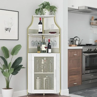 Homfan 5-Tier Corner Bar Cabinet With Lights, Adjustable Shelves & Glass Doors - Home Liquor Wine Display 6 Homfan 5-Tier Corner Bar Cabinet With Lights, Adjustable Shelves & Glass Doors - Home Liquor Wine Display - Image 4