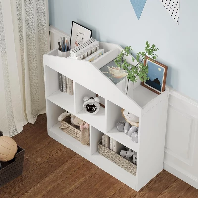 Toy Storage Organizer 5-Cubby Kids Bookshelf, White Wooden Bookcase With Roof Design, Playhouse Cabinet Shelf For Boys And Girls,Kids Room 8 Toy Storage Organizer 5-Cubby Kids Bookshelf, White Wooden Bookcase With Roof Design, Playhouse Cabinet Shelf For Boys And Girls,Kids Room - Image 6