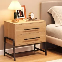 Nightstand With Drawers, Light Wood Bedside Table With Metal Legs, Mid Century Modern Night Stand For Bedroom -Homfan GUEST a5a52856 75ba 45e1 8ed3 6e2978281452