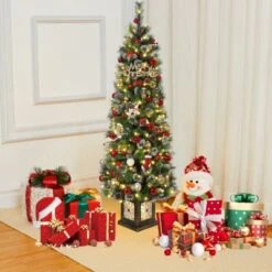 6FT Potted Christmas Tree With 140 Warm LED Lights – Artificial Outdoor Decor For Front Door, Porch, Includes Light Box, Pencil Tree -Homfan GUEST a8170d3e 4250 4f19 8a9e e50ef0bc2fa5