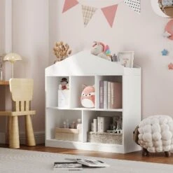 Toy Storage Organizer 5-Cubby Kids Bookshelf, White Wooden Bookcase With Roof Design, Playhouse Cabinet Shelf For Boys And Girls,Kids Room 12 Toy Storage Organizer 5-Cubby Kids Bookshelf, White Wooden Bookcase With Roof Design, Playhouse Cabinet Shelf For Boys And Girls,Kids Room -Homfan GUEST a9742506 3a26 44eb b480 8090c4ce4a94