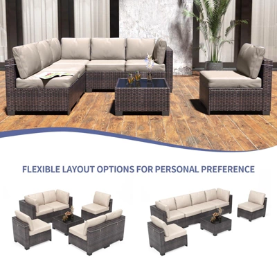 7-Piece Outdoor Patio Furniture Set, All-Weather Wicker Sectional Sofa With Cushions & Coffee Table, Rattan Set For Garden, Porch, Balcony 6 7-Piece Outdoor Patio Furniture Set, All-Weather Wicker Sectional Sofa With Cushions & Coffee Table, Rattan Set For Garden, Porch, Balcony - Image 4
