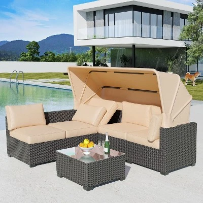 6-Piece Outdoor Patio Set With Waterproof Cushions, Reinforced Glass Table, Canopy & Storage, Durable PE Wicker For Garden And Backyard 5 6-Piece Outdoor Patio Set With Waterproof Cushions, Reinforced Glass Table, Canopy & Storage, Durable PE Wicker For Garden And Backyard - Image 3