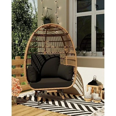 360° Swivel Patio Egg Chair Outdoor - Wicker Swivel Egg Chair Oversized Patio Lounge Chairs With Cushions, Metal Frame Stand, Black 5 360° Swivel Patio Egg Chair Outdoor - Wicker Swivel Egg Chair Oversized Patio Lounge Chairs With Cushions, Metal Frame Stand, Black - Image 3