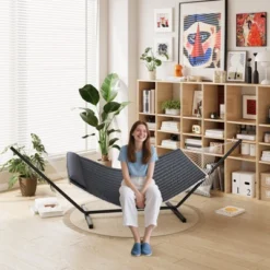 2-Person Hammock With Iron Stand - 475Lb Capacity, Portable, Polyester Net & Cotton Cushion For Garden & Camping