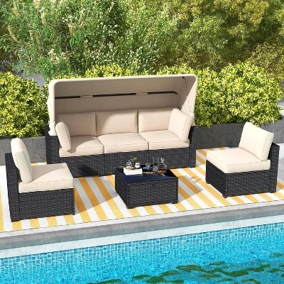 6-Piece Outdoor Patio Set With Waterproof Cushions, Reinforced Glass Table, Canopy & Storage, Durable PE Wicker For Garden And Backyard 11 6-Piece Outdoor Patio Set With Waterproof Cushions, Reinforced Glass Table, Canopy & Storage, Durable PE Wicker For Garden And Backyard - Image 9