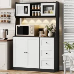 Kitchen Pantry Cabinet With LED - 3-Drawer Buffet Hutch With Adjustable Shelves & Countertop, Tall Storage Sideboard For Dining Room -Homfan GUEST b2577677 62e9 44a6 8d82 99a3658681a1