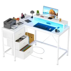 Reversible L Shaped Desk With Power Outlet And 3 Drawer, Computer Desk With Led Lights, Home Office Desk With Monitor Stand,Study Writing Gaming Desk -Homfan GUEST b57969c2 7406 41c9 8260 b6939e85107c