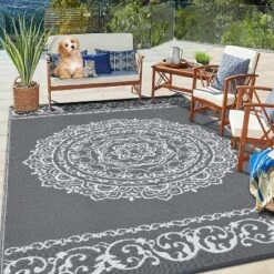 Waterproof Outdoor Rug - Reversible Plastic Straw W/ Leaf Pattern - For Patio, Deck, RV, Camping -Homfan GUEST b5879151 d7b4 4e70 9914 81e8edbb2404