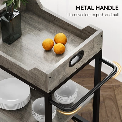 3-Tier Home Bar Cart, Bar Cart W/Wheels, Bar Cart, Two Portable Trays/Wine Rack/Industrial Serving Cart, For Kitchen, Living Room, Dining Room, Grey 9 3-Tier Home Bar Cart, Bar Cart W/Wheels, Bar Cart, Two Portable Trays/Wine Rack/Industrial Serving Cart, For Kitchen, Living Room, Dining Room, Grey - Image 7