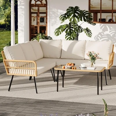 4 Pieces Patio Furniture Sets Wicker Outdoor Sectional L-Shaped With Cushions & Side Table And Chairs Set,Backyard,Porch, Beige 4 4 Pieces Patio Furniture Sets Wicker Outdoor Sectional L-Shaped With Cushions & Side Table And Chairs Set,Backyard,Porch, Beige - Image 2