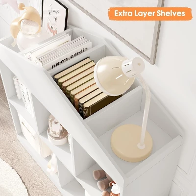 Toy Storage Organizer 5-Cubby Kids Bookshelf, White Wooden Bookcase With Roof Design, Playhouse Cabinet Shelf For Boys And Girls,Kids Room 9 Toy Storage Organizer 5-Cubby Kids Bookshelf, White Wooden Bookcase With Roof Design, Playhouse Cabinet Shelf For Boys And Girls,Kids Room - Image 7