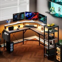 Computer Desk With Power Outlets, 61,4" L Shaped Desk With Full Monitor Stand & Storage Shelves, Corner Desk Gaming Desk, Ergonomic Home Office Desk -Homfan GUEST c0d82253 2fe3 49f2 9469 2ab97a9ec3eb