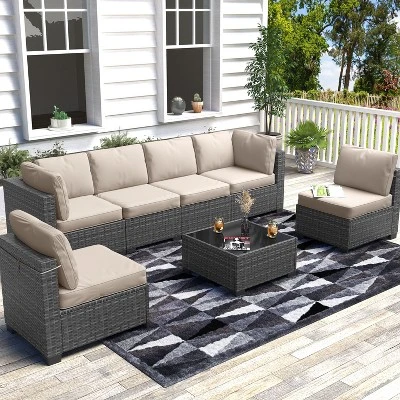 Homfan 7-Piece Outdoor Patio Furniture Set - Waterproof Rattan Sectional Sofa With Cushions & Glass Top Table, Patio Conversation Set For Backyard 13 Homfan 7-Piece Outdoor Patio Furniture Set - Waterproof Rattan Sectional Sofa With Cushions & Glass Top Table, Patio Conversation Set For Backyard - Image 11
