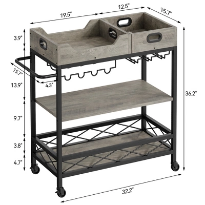 3-Tier Home Bar Cart, Bar Cart W/Wheels, Bar Cart, Two Portable Trays/Wine Rack/Industrial Serving Cart, For Kitchen, Living Room, Dining Room, Grey 6 3-Tier Home Bar Cart, Bar Cart W/Wheels, Bar Cart, Two Portable Trays/Wine Rack/Industrial Serving Cart, For Kitchen, Living Room, Dining Room, Grey - Image 4
