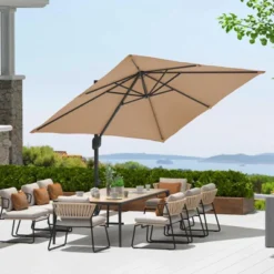 Large Cantilever Patio Umbrella, 10' X 10' Heavy Duty Large Aluminum Outdoor Umbrella With Solar LED Lights & Weighted Base, 360° Rotation -Homfan GUEST c5a0895b 0319 414a b95e 987ade052b54