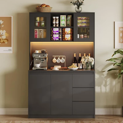 71" Tall Kitchen Pantry Cabinet, Kitchen Storage Hutch With Led Lights And Power Outlets, Microwave Stand, Glass Door, Adjustable Shelves 9 71" Tall Kitchen Pantry Cabinet, Kitchen Storage Hutch With Led Lights And Power Outlets, Microwave Stand, Glass Door, Adjustable Shelves - Image 7