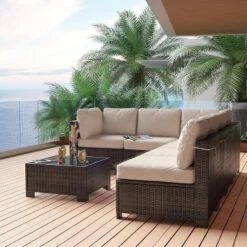 7-Piece Patio Furniture Set, Outdoor Sectional Sofa W/ Dining Table & Thick Cushions, All-Weather PE Wicker For Garden, Deck, Lawn -Homfan GUEST c7d5acab 0972 46c8 9b66 61bb9ef493f0