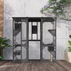 68'' Wooden Catio - 4-Tier Outdoor Cat Enclosure W/ 2 Doors, Scratching Post & UV Protection For Multiple Cats -Homfan GUEST c9320ba1 fd31 42f1 a29d f2eea927b498