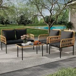 4-Piece Patio Set,Outdoor Wicker Chairs With Glass Table & Cushions,Modern Rattan Bistro Set For Porch,Garden,Balcony -Homfan GUEST c9611943 0ef4 4e3a b878 fe0451d901ef