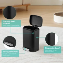 Trash Can, Gallon Odor Control Indoor Trash Can, Stainless Steel Garbage Bin With Silent Closing Lid, For Bathroom, Kitchen, Office, Black