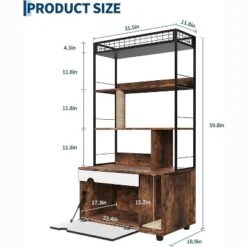 Hidden Litter Box With 4-Tier Storage Rack, Post Wood & Metal 2 In 1 Pets Furniture With Scratching Post & Cushioned Mat