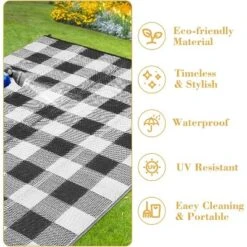 Waterproof Outdoor Rug Uv Resistant Plastic Straw Rug Modern Checkerboard Reversible Plaid Camping Carpet Picnic Mat For Beach, Backyard -Homfan GUEST d497d262 1577 45e9 a9e6 39f0672dae06