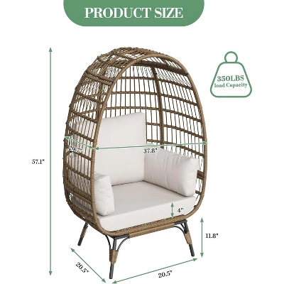Outdoor Patio Wicker Egg Chair, PE Rattan Chair With Thick Cushion, Oversized Indoor Outdoor Lounger, Egg Shaped Seat With Metal Stand, Beige 3 Outdoor Patio Wicker Egg Chair, PE Rattan Chair With Thick Cushion, Oversized Indoor Outdoor Lounger, Egg Shaped Seat With Metal Stand, Beige - Image 2