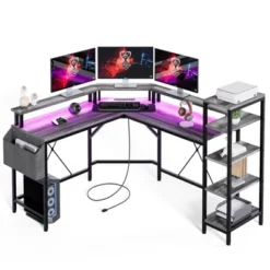 Computer Desk With Power Outlets, 61,4" L Shaped Desk With Full Monitor Stand & Storage Shelves, Corner Desk Gaming Desk, Ergonomic Home Office Desk -Homfan GUEST d64798af f18e 4d3c ad12 e57c7a693b52