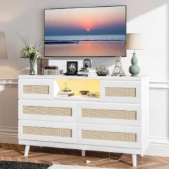 Modern Rattan 6-Drawer Dresser W/ LED Light, Deep Drawers, Wooden Double Dressers For Bedroom, Nursery, Living Room -Homfan GUEST d82111b8 c907 4627 8387 ea58442624a1