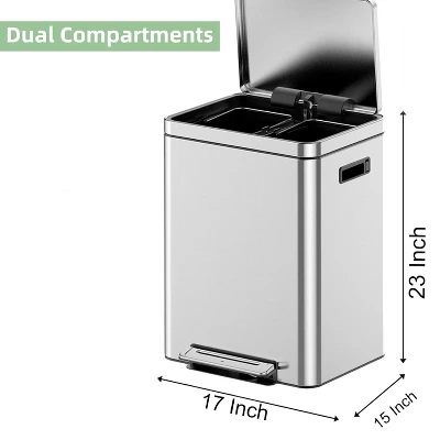 Gal Dual Compartment Trash Can - Stainless Steel W/ Soft-Close Lid, Removable Buckets - Hands-Free Kitchen/Office Bin 4 Gal Dual Compartment Trash Can - Stainless Steel W/ Soft-Close Lid, Removable Buckets - Hands-Free Kitchen/Office Bin - Image 2