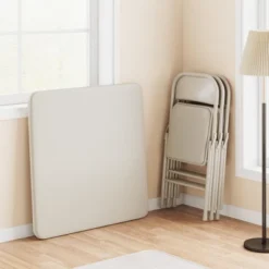 3-Piece Folding Dining Table Set For 4 – Beige Faux Leather Tabletop With 4 Padded Chairs, Space-Saving Modern Square Kitchen & Dining Table -Homfan GUEST dd32bf15 b7b9 4180 a045 054475309914