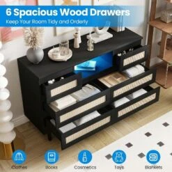 Modern Rattan 6-Drawer Dresser W/ LED Light, Deep Drawers, Wooden Double Dressers For Bedroom, Nursery, Living Room -Homfan GUEST dfce85a8 c6d3 432f a160 4c52c804656b