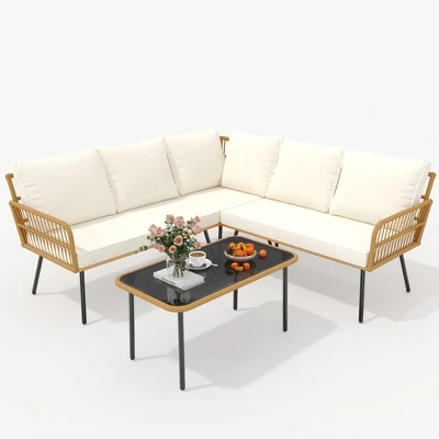 4 Pieces Patio Furniture Sets Wicker Outdoor Sectional L-Shaped With Cushions & Side Table And Chairs Set,Backyard,Porch, Beige 6 4 Pieces Patio Furniture Sets Wicker Outdoor Sectional L-Shaped With Cushions & Side Table And Chairs Set,Backyard,Porch, Beige - Image 4