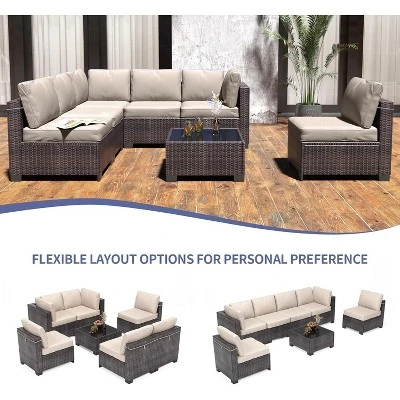 Homfan 7 Piece Outdoor Patio Furniture Set, PE Rattan Conversation Sofa Set, Wicker Patio Set W/Thick Cushions & Glass Top Coffee Table 3 Homfan 7 Piece Outdoor Patio Furniture Set, PE Rattan Conversation Sofa Set, Wicker Patio Set W/Thick Cushions & Glass Top Coffee Table