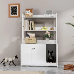 Litter Box Enclosure W/2 Storage Shelves Hidden Cat Litter Box Furniture W/Scratch Pad Indoor Cat House Kitty Box Washroom Cat Bookshelf Cabinet -Homfan GUEST e7c68f77 1d58 4c05 b1cb 171242ba39c2
