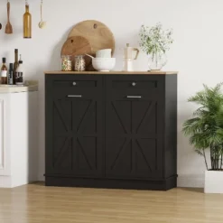 Tilt Out Trash Cabinet, Kitchen Cabinet With Double Hidden Trash Can And 2 Drawers, Wood Laundry Hamper Cabinet For Pantry, Kitchen -Homfan GUEST e92d1bb3 41d2 4bc9 95cc 63cc91380bc2