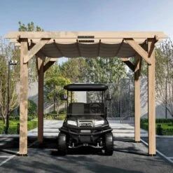 Cedar Wood Pergola With Retractable Oxford Fabric Roof, Wooden Outdoor Patio Canopy Gazebo With Shade