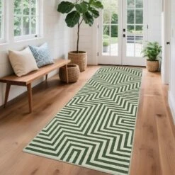 Kitchen Runner Rug Washable Non-Slip, Modern Geometric Green Low Pile Carpet For Hallway Bathroom Bedroom, Foldable Striped Floor Mat -Homfan GUEST eab22bfe eeea 4043 be81 7ef599cf66af