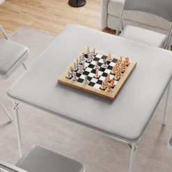 3-Piece Folding Dining Table Set For 2 – Gray Faux Leather Tabletop With 2 Padded Chairs, Space-Saving Modern Square Kitchen & Dining Table -Homfan GUEST f24f9dac aa07 4d76 903a 92afc08a5863