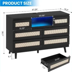 Modern Rattan 6-Drawer Dresser W/ LED Light, Deep Drawers, Wooden Double Dressers For Bedroom, Nursery, Living Room -Homfan GUEST f67b9961 f926 4eec 83f4 6a0dd96431bc