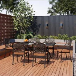 59" Cast Aluminum Outdoor Dining Set, All-Weather Table & Chairs W/Removable Cushions & Umbrella Hole For Patio, Garden, Porch -Homfan GUEST f6a6c850 704e 45e8 9eca f94a79a6297b