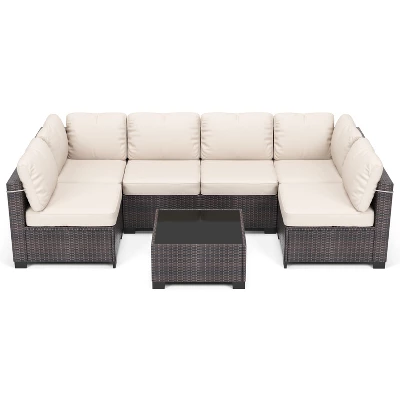 Homfan 7-Piece Outdoor Patio Furniture Set - Waterproof Rattan Sectional Sofa With Cushions & Glass Top Table, Patio Conversation Set For Backyard 7 Homfan 7-Piece Outdoor Patio Furniture Set - Waterproof Rattan Sectional Sofa With Cushions & Glass Top Table, Patio Conversation Set For Backyard - Image 5