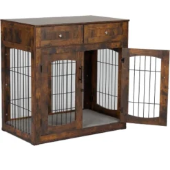Wooden Dog Crate End Table With 3 Doors, 2 Drawers & Cushion | Furniture-Style Kennel For Small Large Breeds -Homfan GUEST fcf4b5f3 1b49 4520 bb9a 9db5078f0f97