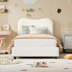 Homfan Kids Bed Frame, Upholstered Headboard, Low Profile Platform Bed, Soft Boucle Fabric, Wood Slats, Noise Free, No Box Spring