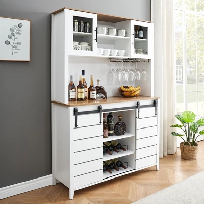 Homfan Farmhouse Coffee Bar Cabinet, Kitchen Hutch Storage With Sliding Barn Door, Tall Sideboard Buffet With Wine Rack, Wine Bar Cabinet,White 4 Homfan Farmhouse Coffee Bar Cabinet, Kitchen Hutch Storage With Sliding Barn Door, Tall Sideboard Buffet With Wine Rack, Wine Bar Cabinet,White - Image 2